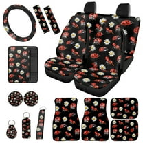 Jeiento Ladybug 17 Pack Car Interior Accessories Sets, Daisy Car Front Bucket Seat Covers with Split Bench Back Seat Covers, Anti-Slip Floor Mats Steering Wheel Cover Seatbelt Pads Coaster