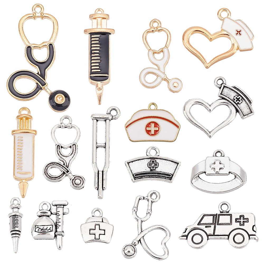 1 Box 72Pcs Nurse Charms Medical Doctor Charm Enamel Stethoscope Syringe Caps Hat Pendants for Jewelry Making Nurse Day Holiday Earrings Bracelet