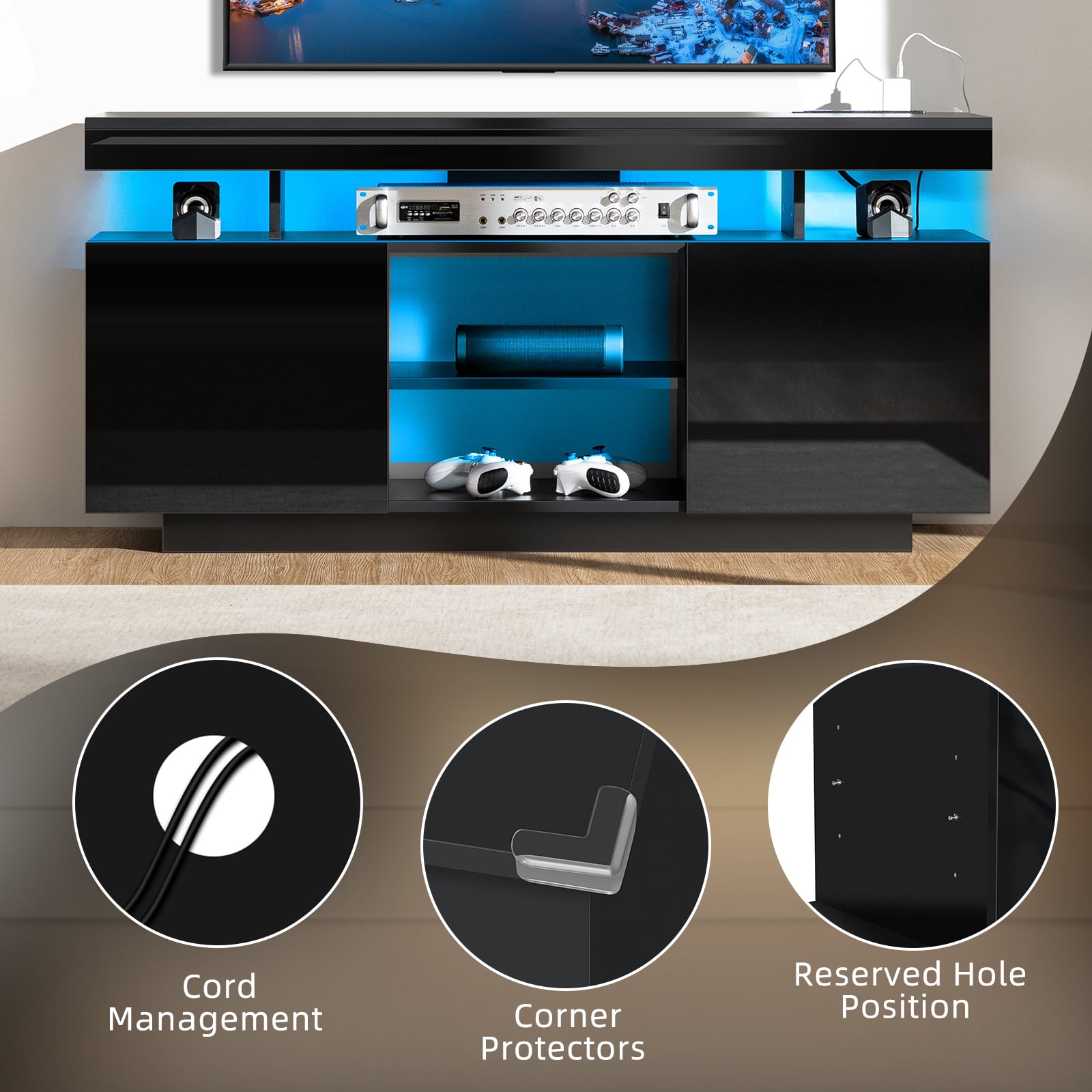 TV Stand with LED Lights for TVs up to 55 Inch TV Console Storage Cabinet Entertainment Center
