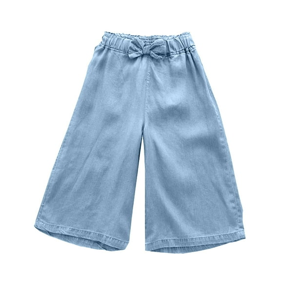 ZKIRBJV Girls Shorts Size 10-12 Summer Sports Solid Color Long Shorts Girl Cute Elastic Jeans Shorts with Pocket Light Blue 3-4 Years