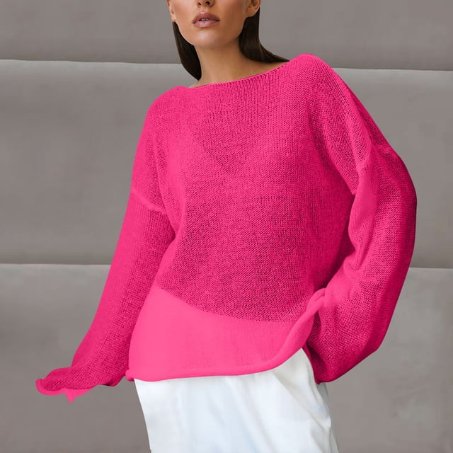 Ailaofu Women's Oversized Sweater Jumper Boat Neck Lightweight Sheer Knit Top Pullover
