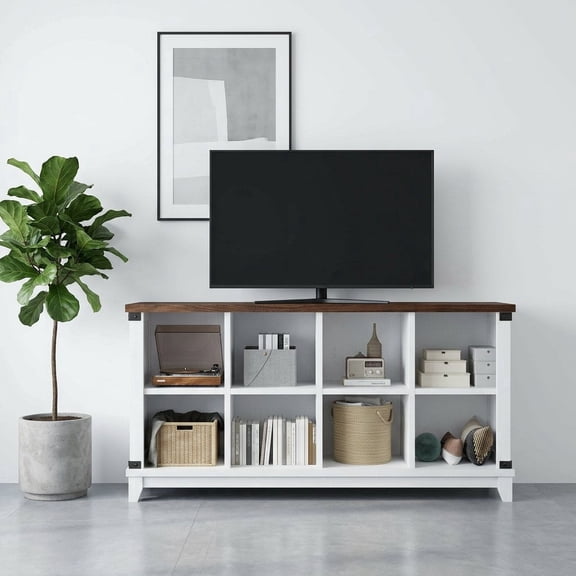 melmine TV Stand for TVs up to 55 Inch,Entertainment Center with 8 Cube Storage, Farmhouse TV Console Cabinet with Open Shelves, Media Storage Organizer for Living Room, Bedroom, White