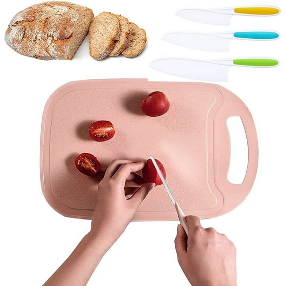 Happon Kids Knife Set, 4pcs Kid Safe Knives Include Serrated Edges Plastic Toddler Pink Knives Board for Kitchen Children Real Cooking Tools