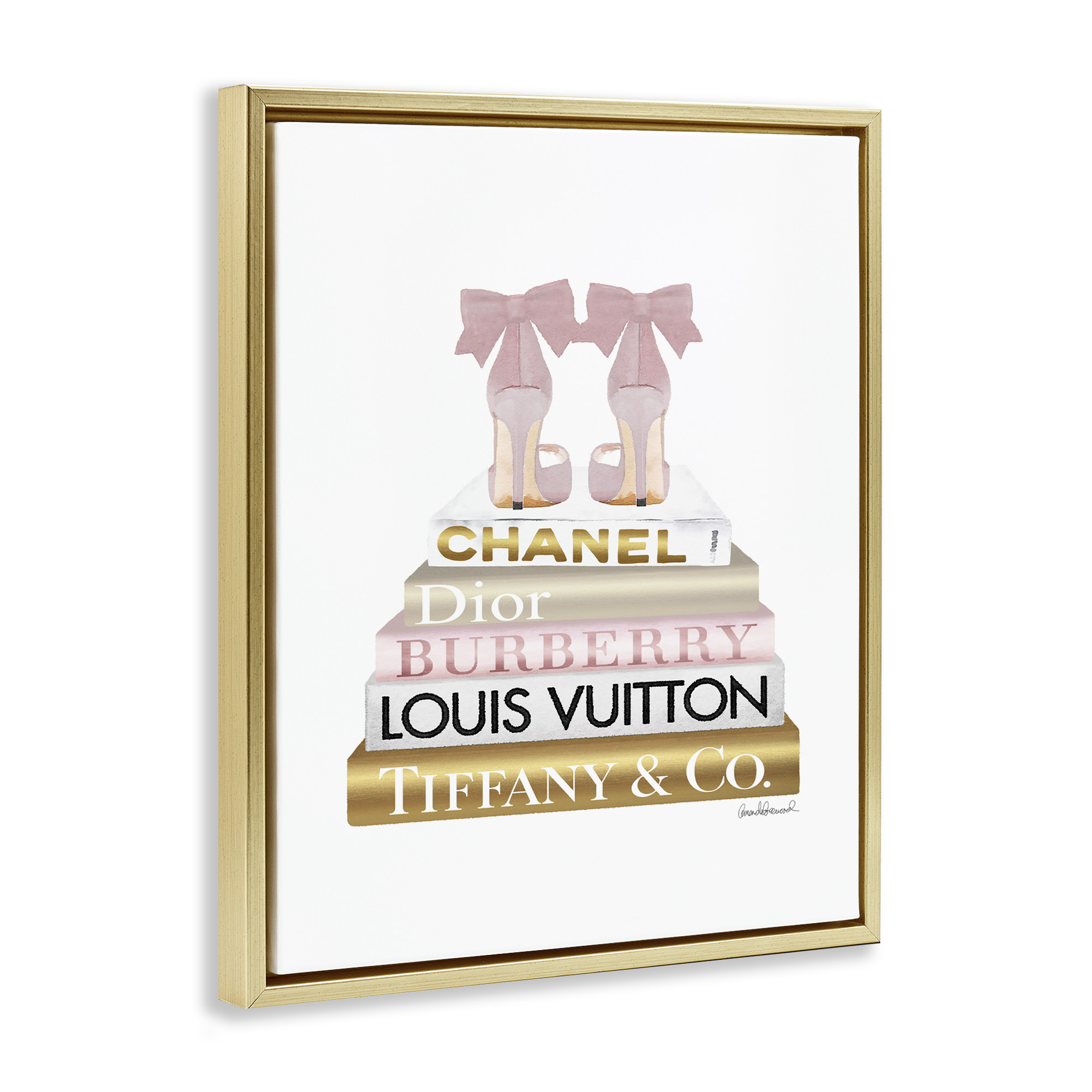 Stupell Industries Pink Gold Heels Bookstack Beauty & Fashion Painting Gold Floater Framed Canvas Art Print Wall Art, 17 x 21