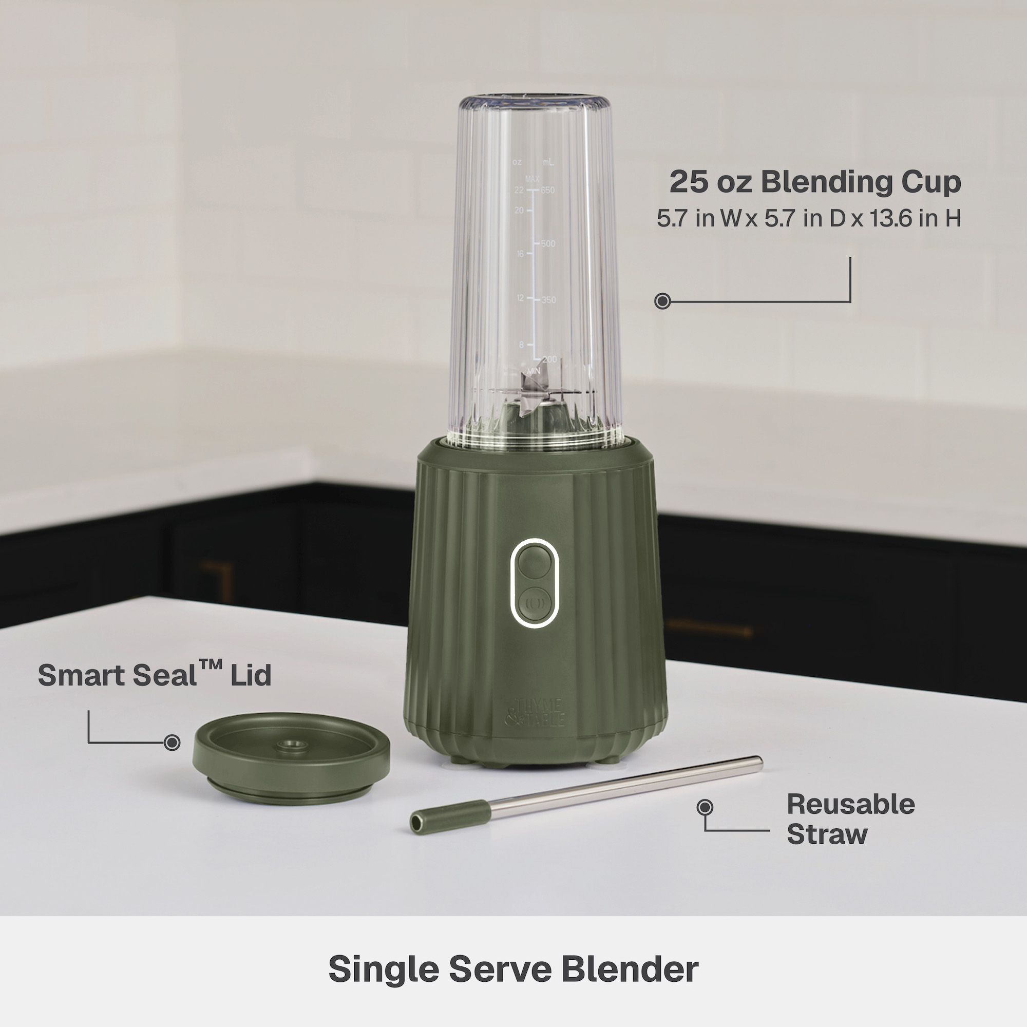 Thyme & Table 900 W 25 oz Single Serve Blender with Tritan Vessel, Smart Seal Lid and Straw, 6-Point Stainless Steel Blade, Dusty Moss