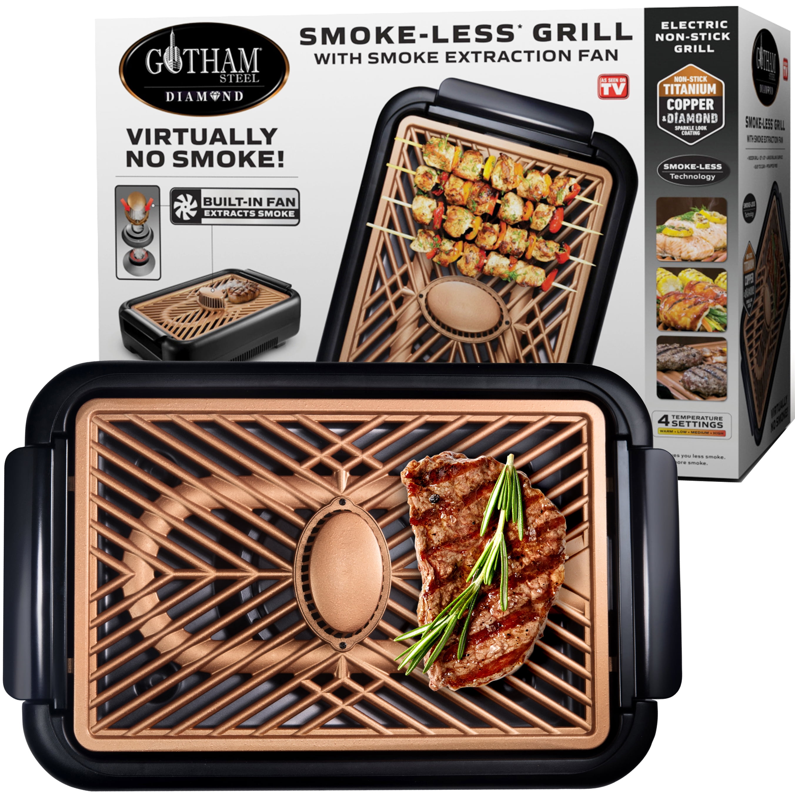 Gotham Steel Diamond Electric Indoor Grill Smokeless Nonstick Electric Grill, Ceramic for Steaks , Indoor Grill 15" x 10"