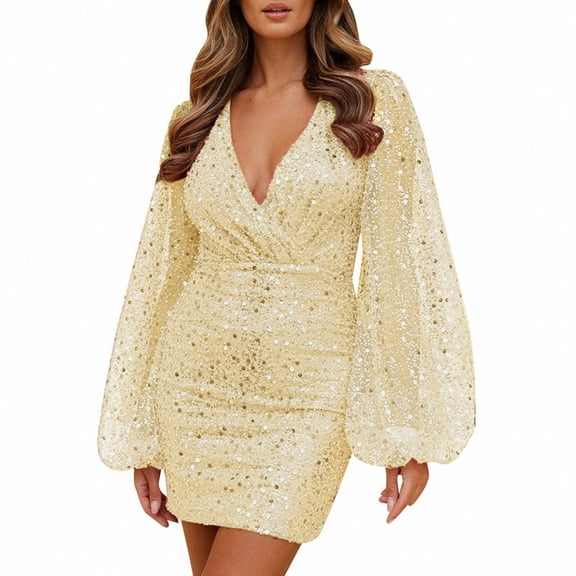 DHFJKG Womens Deep V Neck Sequin Dress Lantern Long Sleeve Ruched Waist Bodycon Sparkly Slim Fit Mini Party Dress Carnival Going Out Versatile Dresses