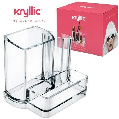 Brush Storage - Acrylic Bathroom Office Accessories Holder - Clear 3 compartment vanity cosmetic storage organizer for toothbrushes jewelry makeup brush lipstick pens pencils scissors & business card desk supplies!