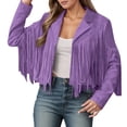 thumbnail image 2 of Suede Cropped Fringe Jacket for Women Long Sleeve Slim Fit Tassel Notched Lapel Motorcycle Jacket Outerwear, 2 of 6