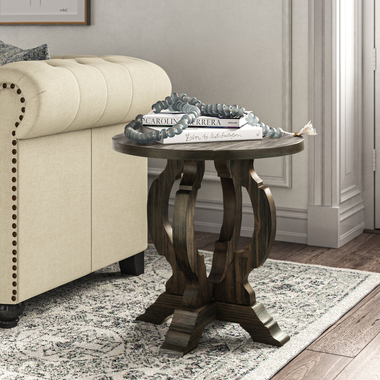 Francesca Pedestal End Table Features Distressed Finish Fair Labor Practices and Community Benefits Yes