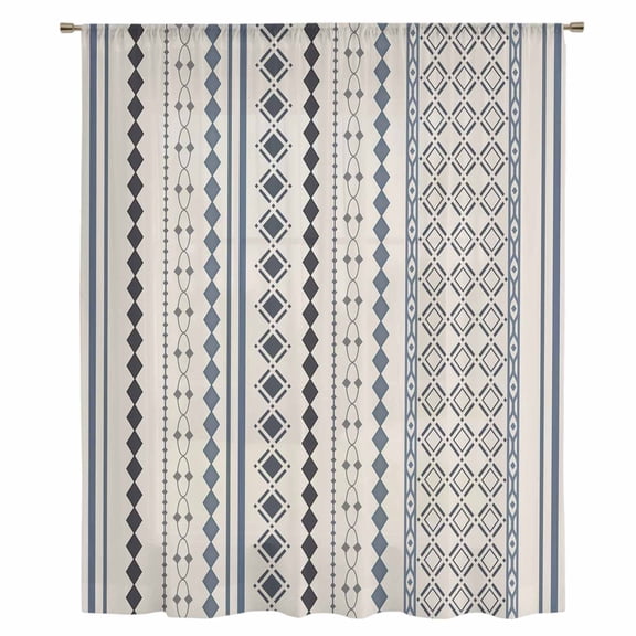 Boho Ethnic Sheer Curtains 96" Long, Aztec Bohemian Vintage Geometric Blue Rustic Light Filering Curtains, Privacy Drapes Simi Floor to Veiling Curtain for Living Room Bedroom Large Window Treatment