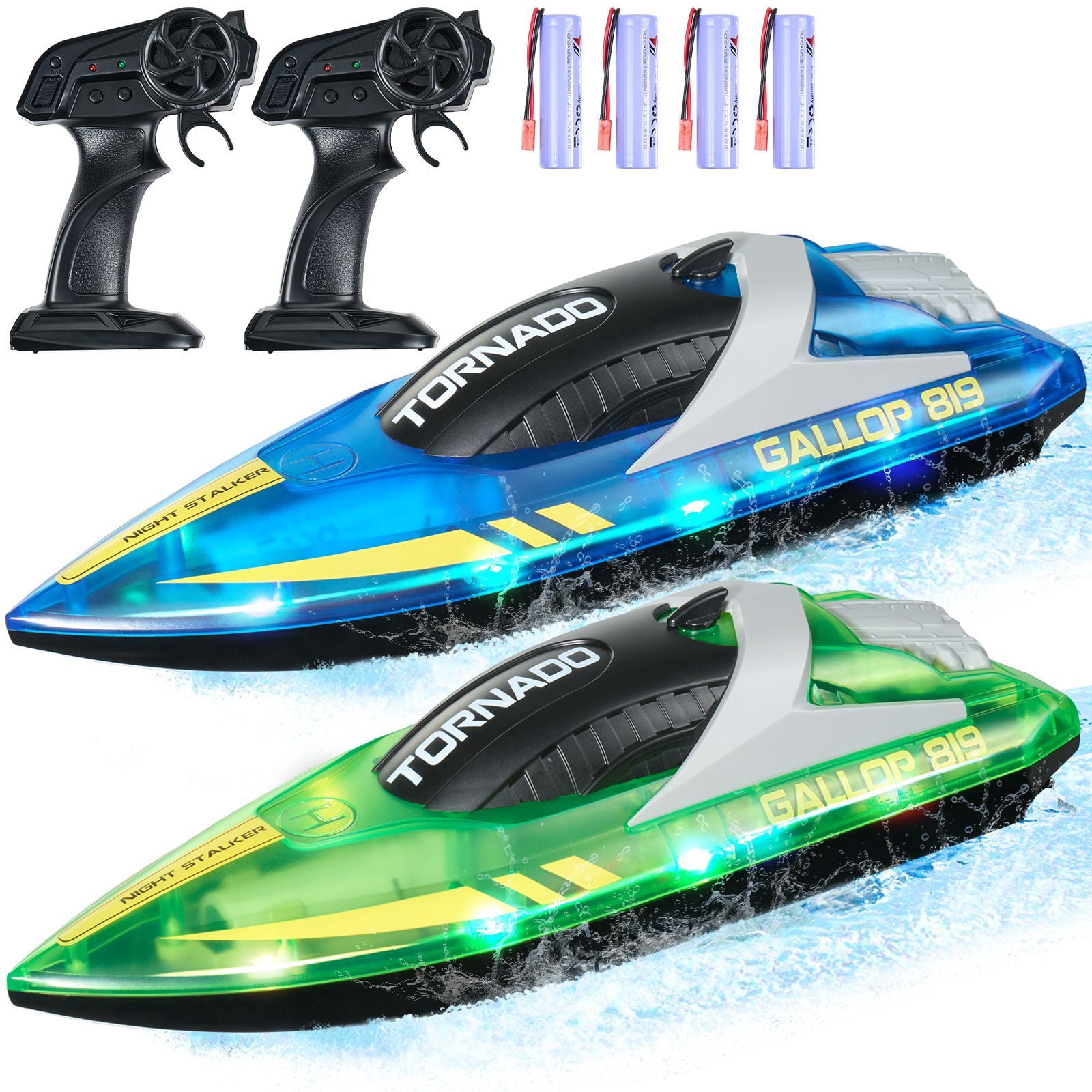 RC Boat 2 Pack 2.4GHz 12 Km/h, Battery, Long-Range Control, Whole Body Waterproof, Racing Boat with LED Light, Remote Control Boat Shape Boat, for boat kayak trailer dock beach and marine use