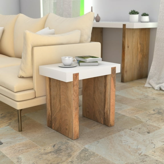 Kerry 20 Inch Rectangular End Side Table Mango Wood Sled Base Glossy White Natural Brown - Saltoro Sherpi