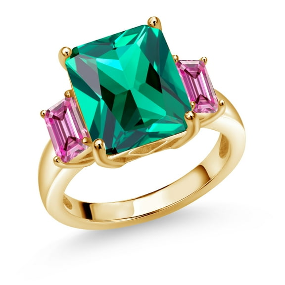Gem Stone King 18K Yellow Gold Plated Silver 3-Stone Ring Emerald Cut Green Nano Emerald and Vivid Pink Moissanite (6.62 Cttw, Size 5)