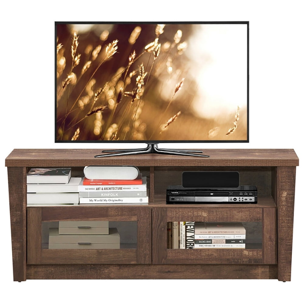 Finihen TV Stand, TV Cabinet, Wooden TV Stand with 2 Open Shelves and 2 Door Cabinets, Media Entertainment Center with Storage, for Living Room, Bedroom, Brown