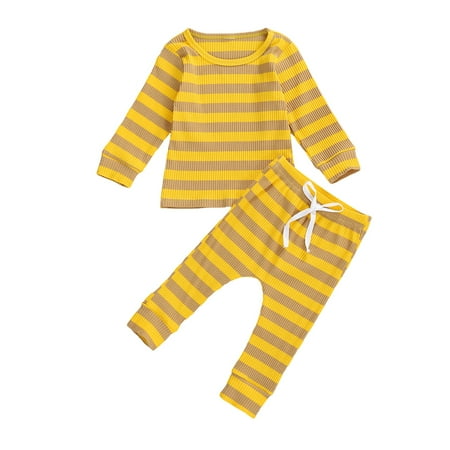 

Toddler Baby Pajamas Set Long Sleeve Rib Knit Stripes Top + Pants 2Pcs Loungewear Set