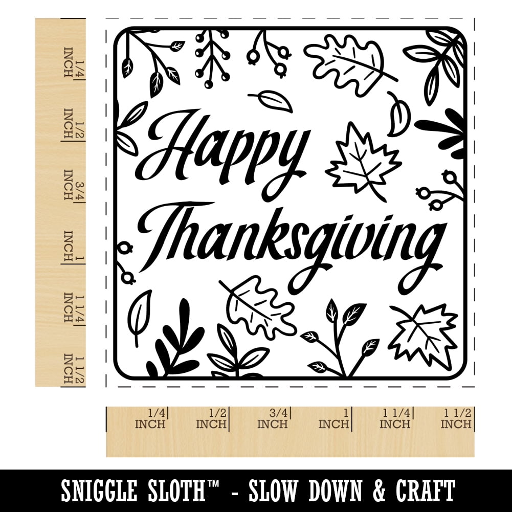 Happy Thanksgiving Fall Leaves Self-Inking Rubber Stamp Ink Stamper - Black Ink - Large 1-1/2 Inch