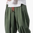 thumbnail image 4 of Men's Cotton Linen Harem Pants Drawstring Casual Cropped Trousers Lightweight Loose Beach Yoga Pants with Pockets Big and Tall Size M-5XL Green, 4 of 5
