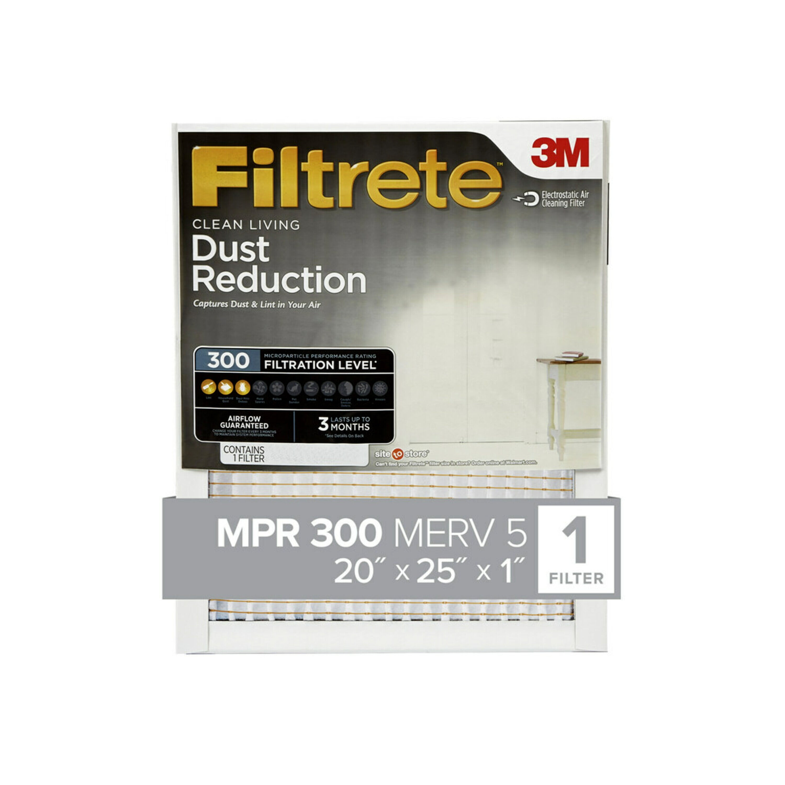 Filtrete 20x25x1, MERV 5, Dust Reduction HVAC Furnace Air Filter, 300 MPR, 1 Filter