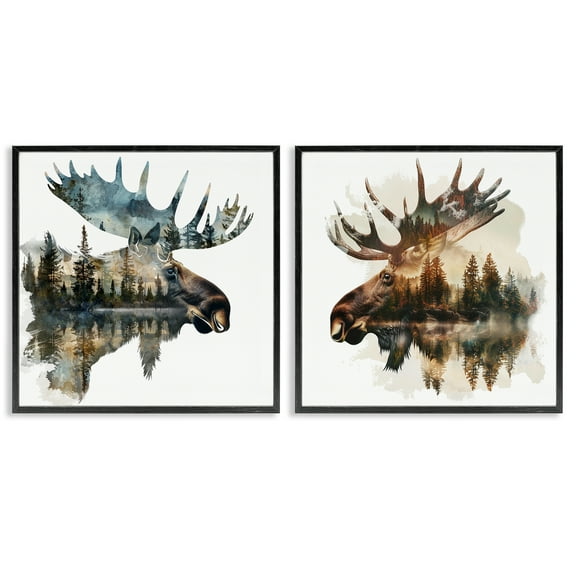 Stupell Industries Woodland Moose Forest Silhouettes Animals Painting Black Framed Art Print Wall Art, 12 x 12, Set of 2