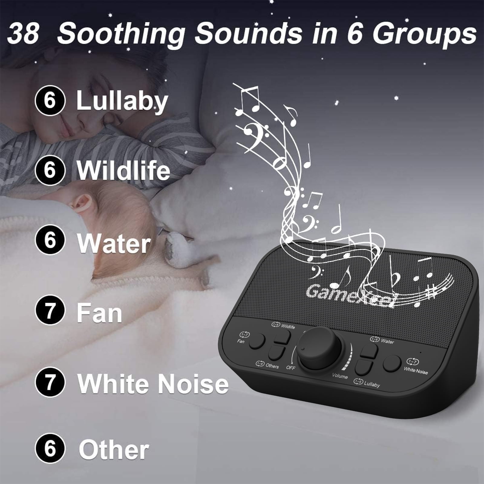 GameXcel White Noise Sound Machine for Baby & Adults, 38 Non-Looping Sounds, Dual Speakers, Headphone Jack, Timer & Memory, USB Powered, Black