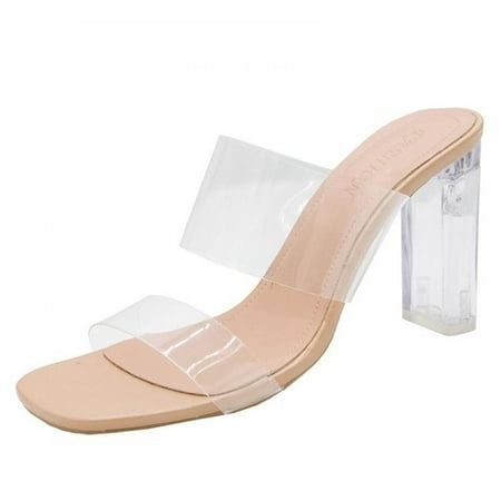 

Womens Clear High Heels Sandals Jelly Square Toe Platform Heel Backless Peep Toe Slip on Heeled Mules for Party Wedding Outdoor