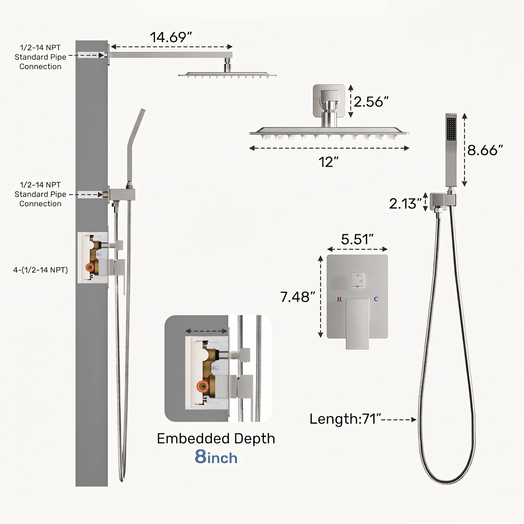 Alvantor Wall-Mounted Shower Faucet Set, 10/12 Inch Square Overhead Spray and Handheld Shower Head with Pressure Balance and Temperature Control Valve