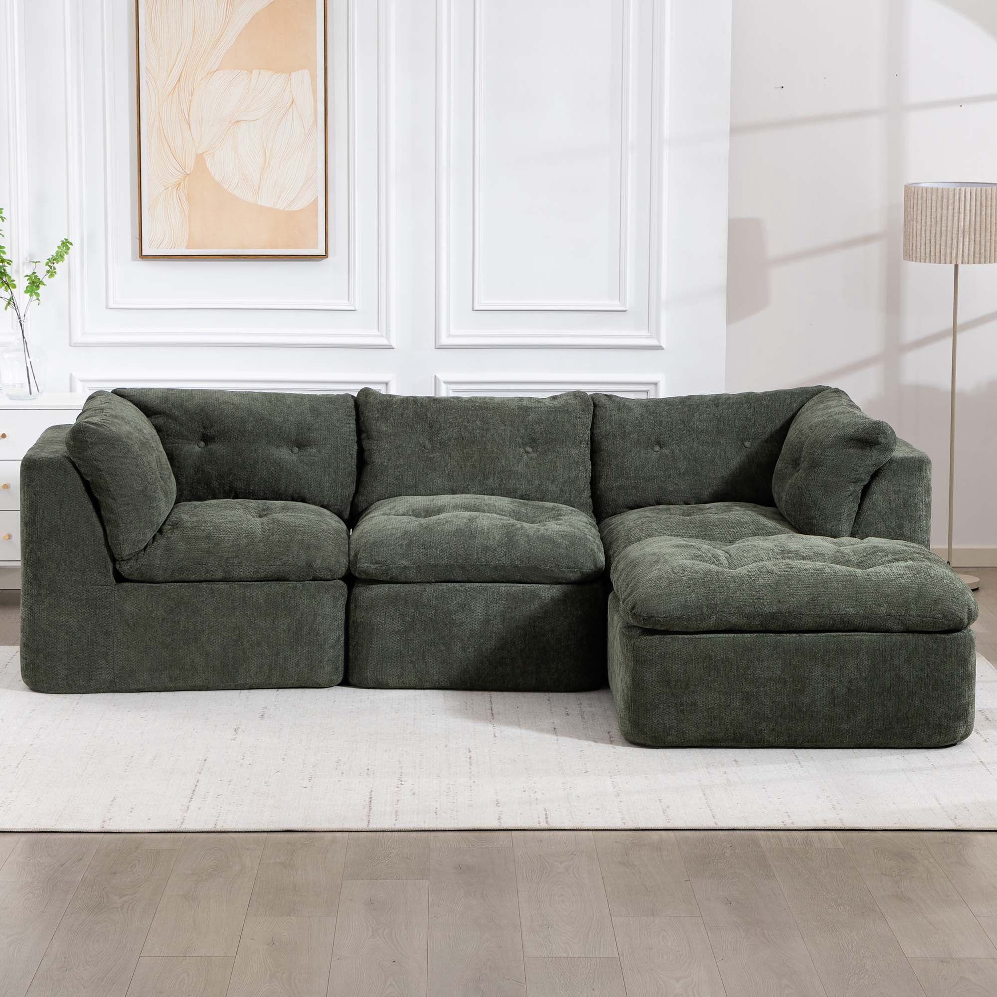 106.29" Sectional Sofa, 3 Seater Modular Sectional Floor Sofa with Ottoman, Chenille Cloud Couch for Living Room, Deep Seat Sofa, Green
