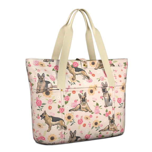 Tote Bag for Women - Shepherd Dog and Flower Floral Shoulder Bag - Large Utility Work Duffle Bag with Zipper Handbag for Travel, Work, Sprots
