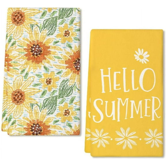 Sunflower Hello Summer Kitchen Towels Dish Towels Set of 2,Yellow Floral Hand Towels 18x26 Inch Drying Dishcloth,Farmhouse Home Seasonal Holiday Summer Decorations AD324