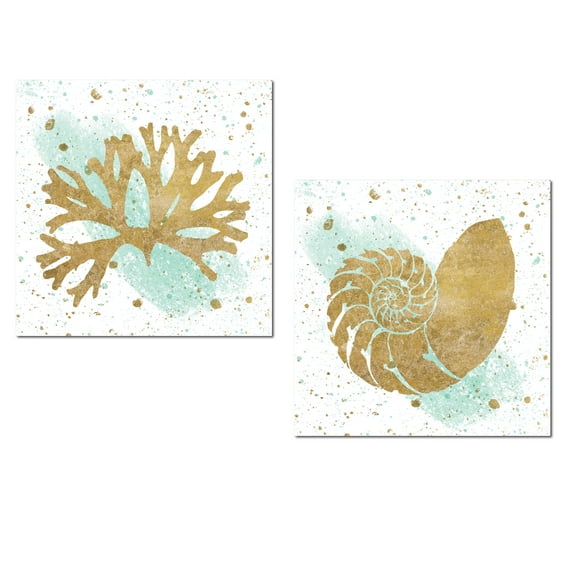 Lovely Nautical Gold Splatter and Teal Watercolor-Style Coral and Nautilus Shell Ocean Set by Wild Apple Portfolio; Coastal Decor; Two 12x12in Unframed Paper Posters
