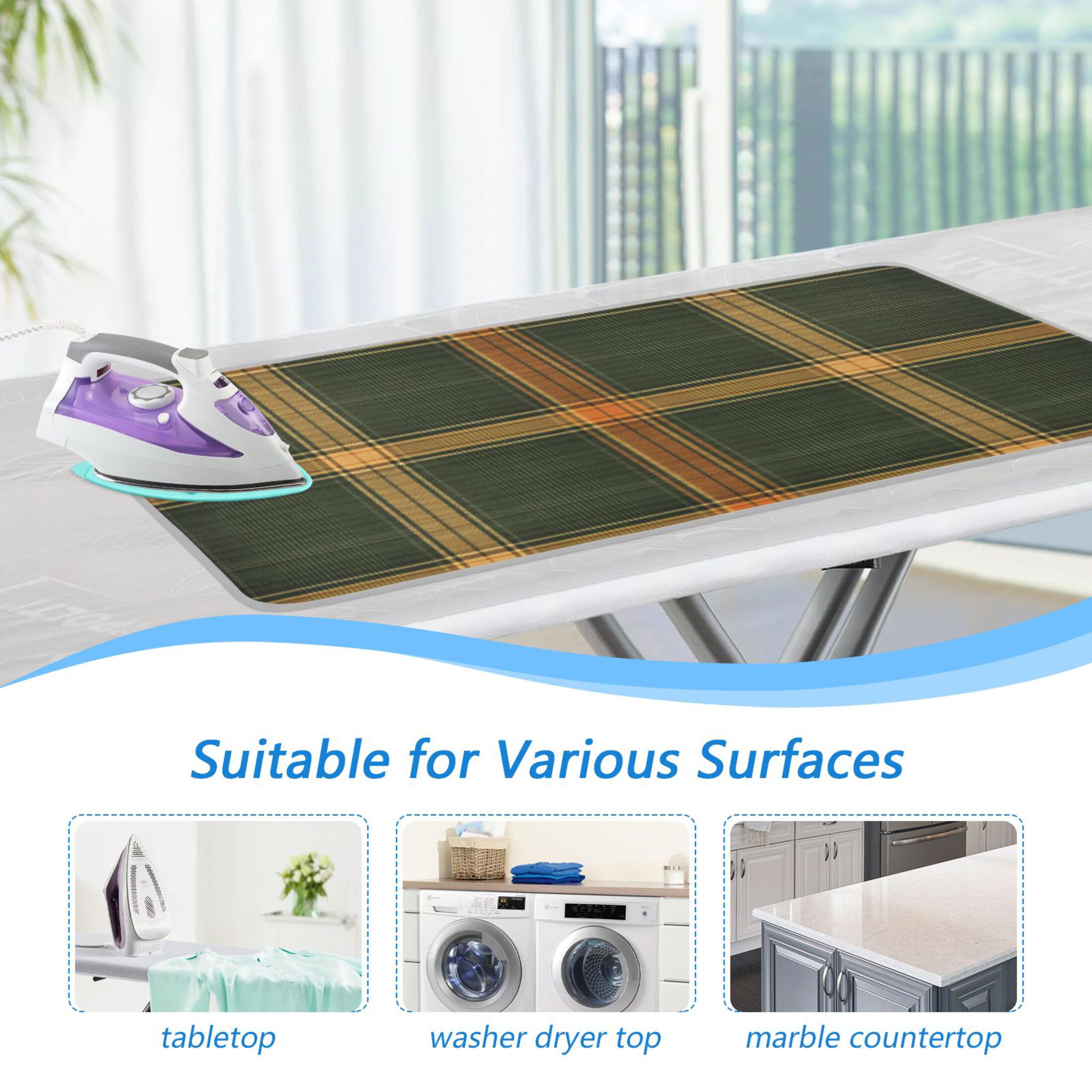 Green and Orange Plaids Ironing Mat Blanket Portable Travel Ironing Pad Heat Resistant Pad 47.2" x 27.6”