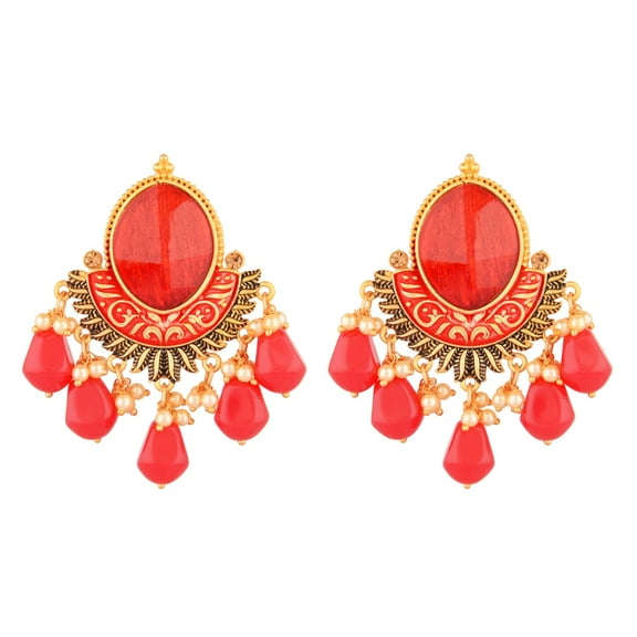 Efulgenz Indian Jewelry Antique Crystal Stone Faux Pearl Beads Drop Big Stud Earrings Set for Women - Pink