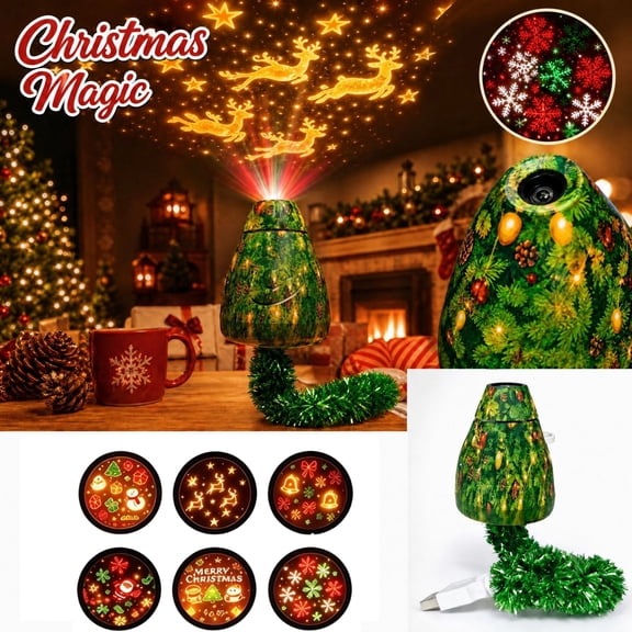 Merry Glow Christmas Projector Light, USB Christmas Tree Night Light with 6 Patterns, Gooseneck Projection Lamp for Bedroom Ceiling Party Home Xmas Decor