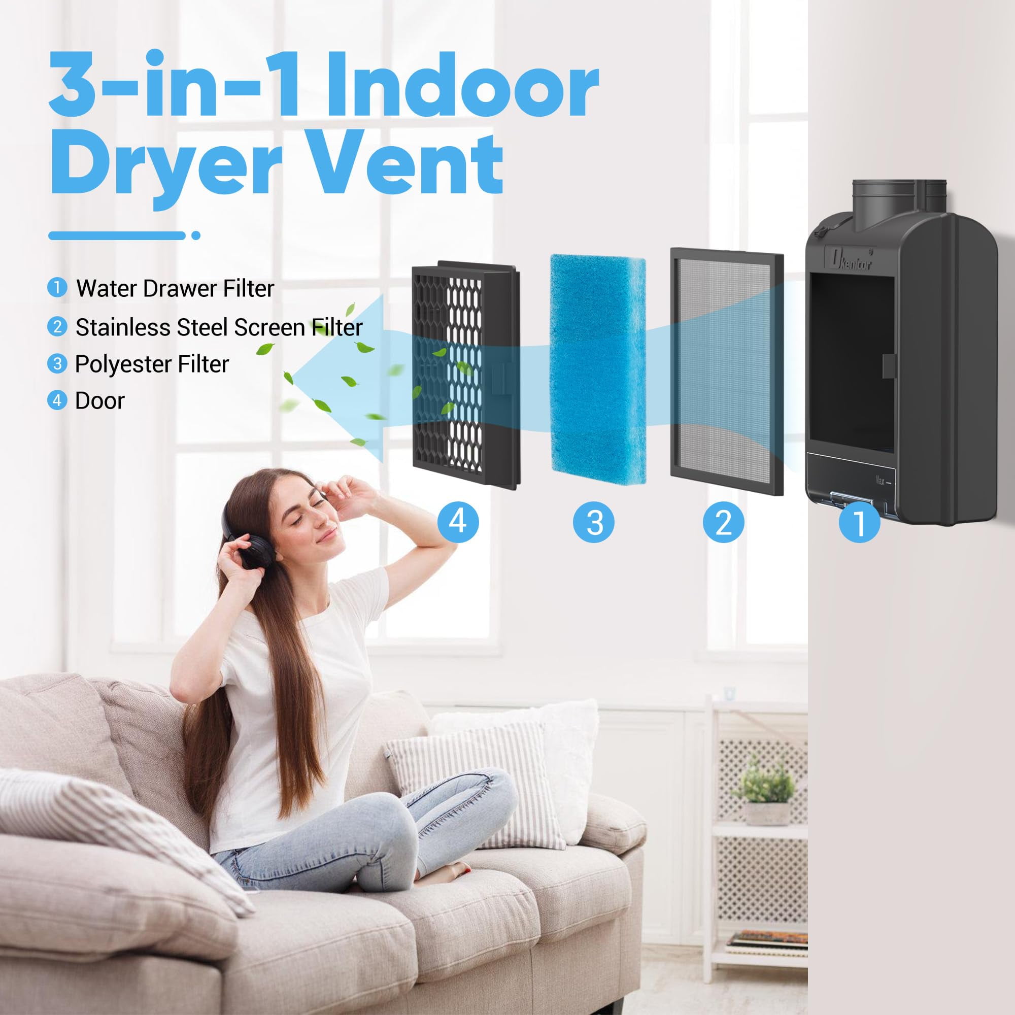 Gewna 3-in-1 Indoor Dryer Vent Kit with Water Drawer System and 10 Pcs Polyester Filters, for Electric Clothes Dryers (Vent Horse Include) Black