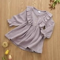 thumbnail image 3 of Canrulo Toddler Kids Baby Girls Solid Clothes Long Sleeve Dress Cotton Linen Dresses Purple 1-2 Years, 3 of 8