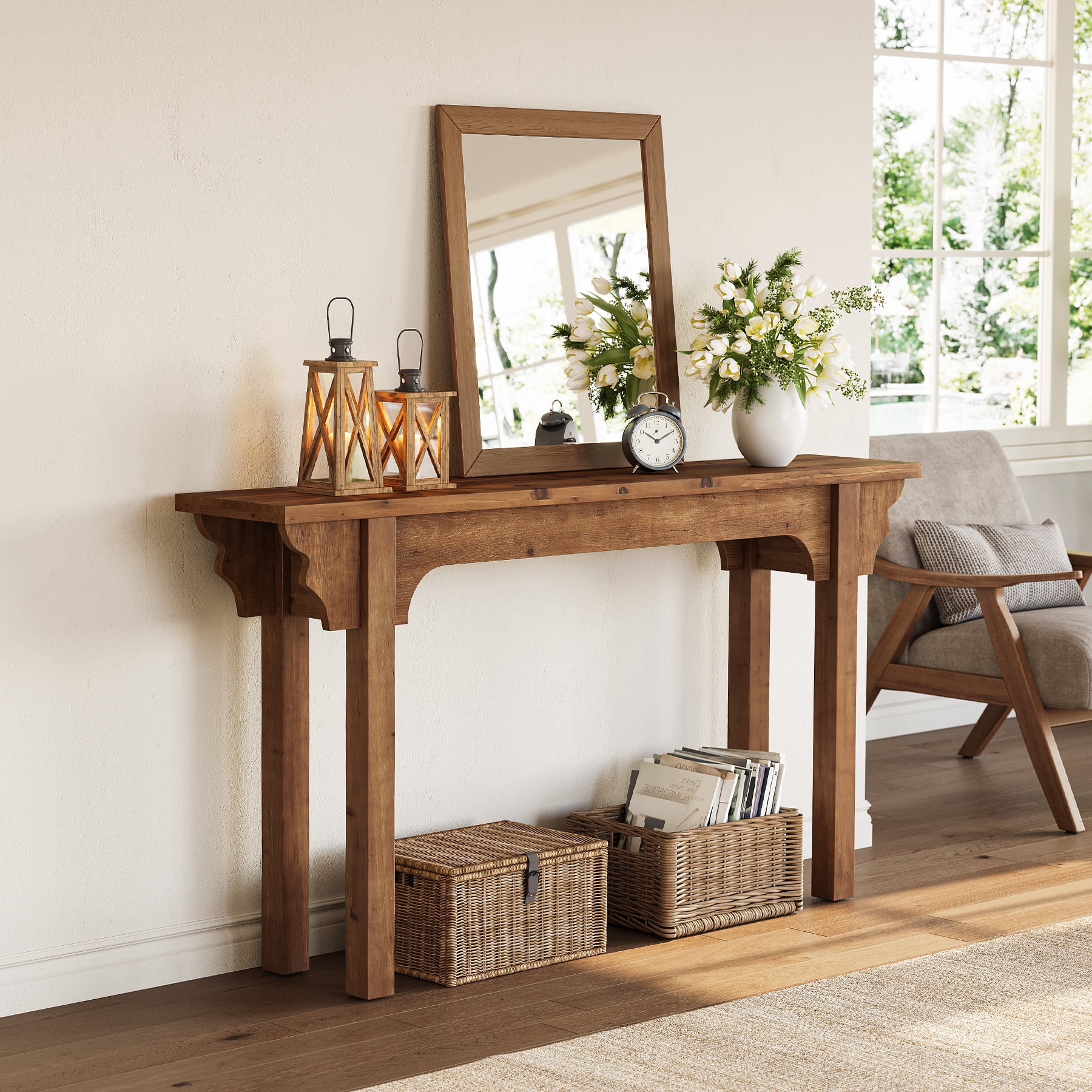 Finmind 63" Solid Wood Entryway Table, Mid-Century Modern Console Table for Living Room, Entrance, Hallway & Foyer