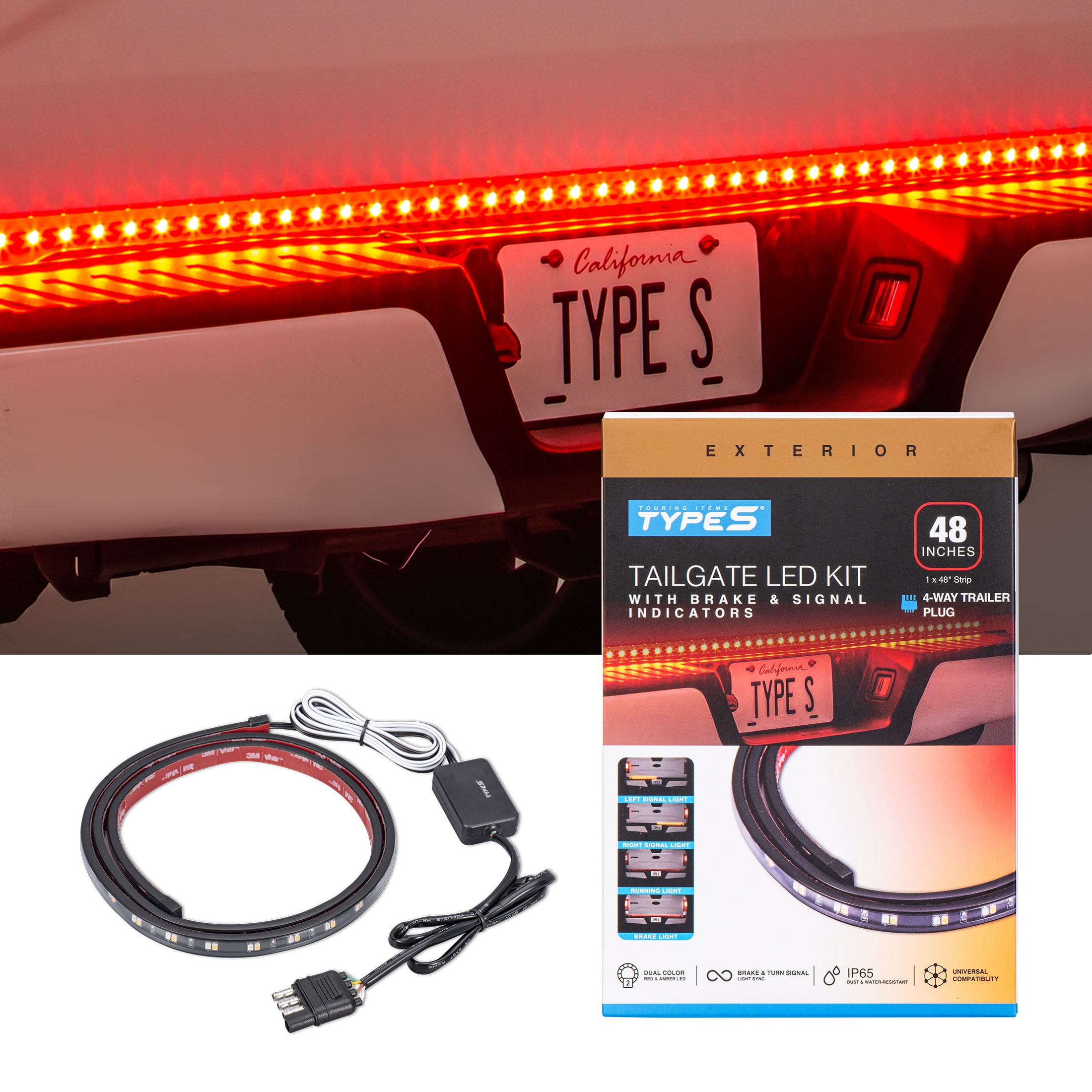 (2 pack) TYPE S - Tailgate LED Strip - 4-Pin Trailer Plug, Red Brake and Running Lights, Amber Turn Signal Indicators, IP65, 3M Adhesive, 1 x 48" Strip, 48 inches