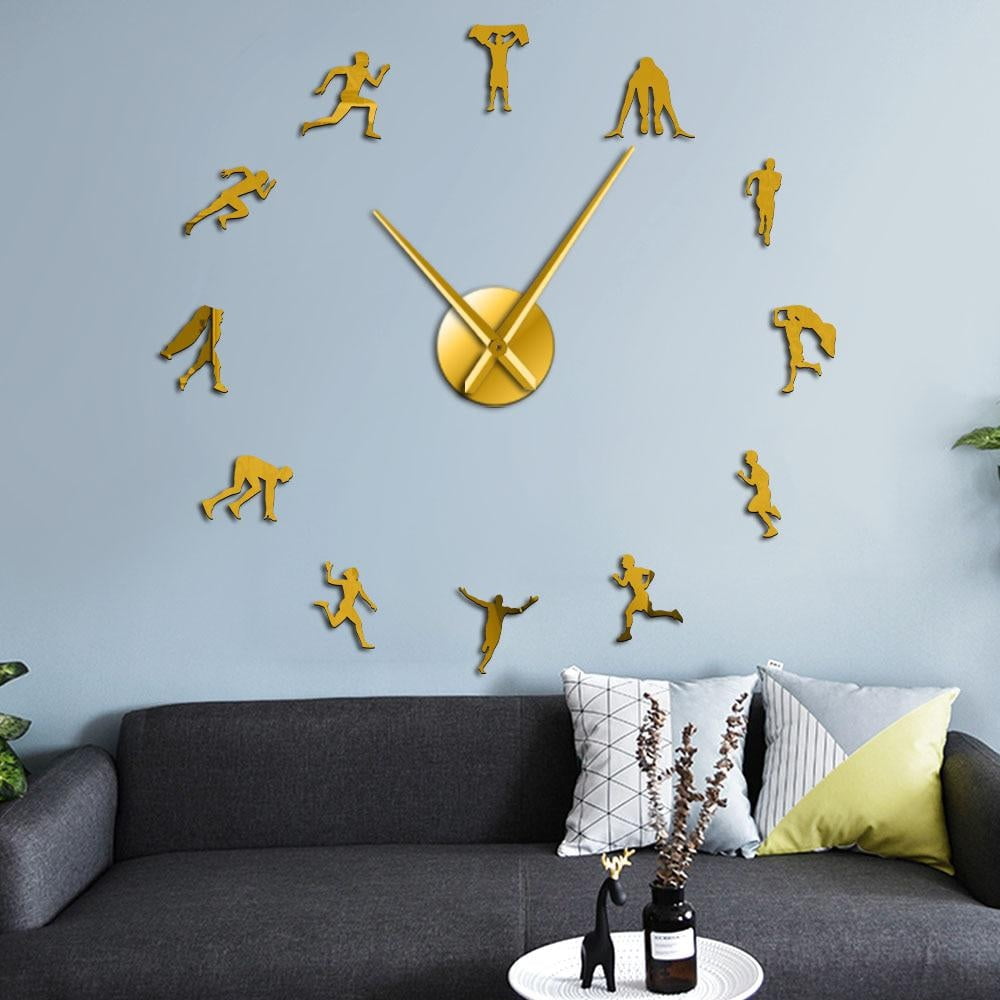 Running Race Athlete Portrait Self Adhesive 3D DIY Wall Clock Footrace Sportsman Track and Field Theme Frameless Clock Watch(Black,47inch)