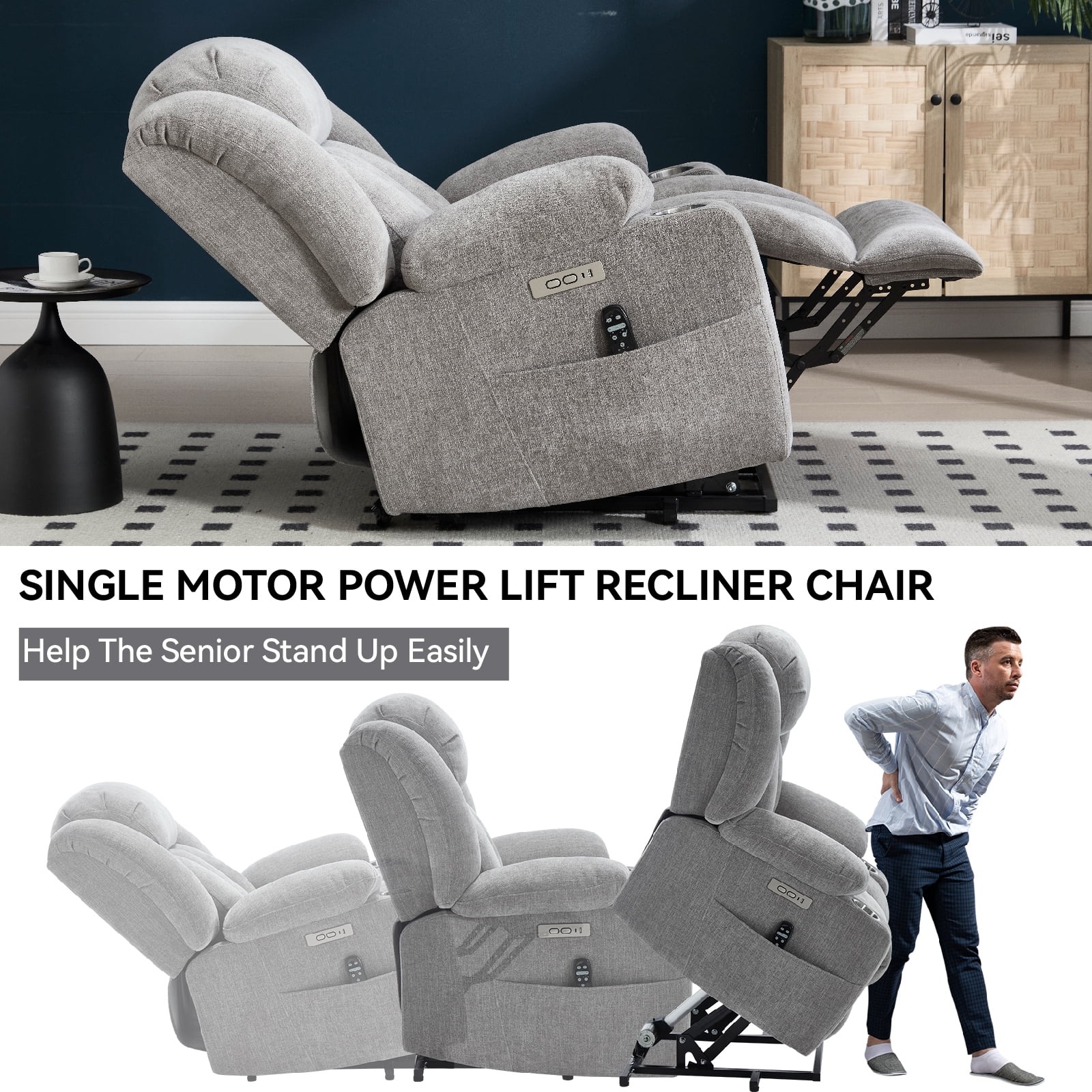 Alvantor Large Power Lift Recliner Chair for Elderly with Massage and Heat Chenille Electric Recliners Chair with USB Ports & Cup Holders for Living Room Grey
