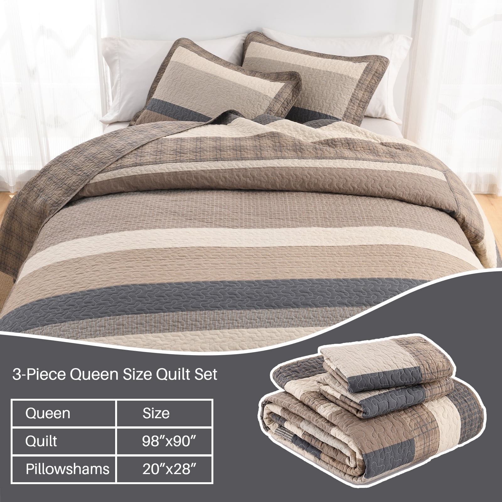 Bedduvit Striped 100% Organic Cotton Quilt - Queen Size Quilt Set, Brown Black Beige Farmhouse Cottage Bedspread for Queen Bed, Lightweight Modern Unisex All-Season 3-Piece Comforter Set, 98"x90"