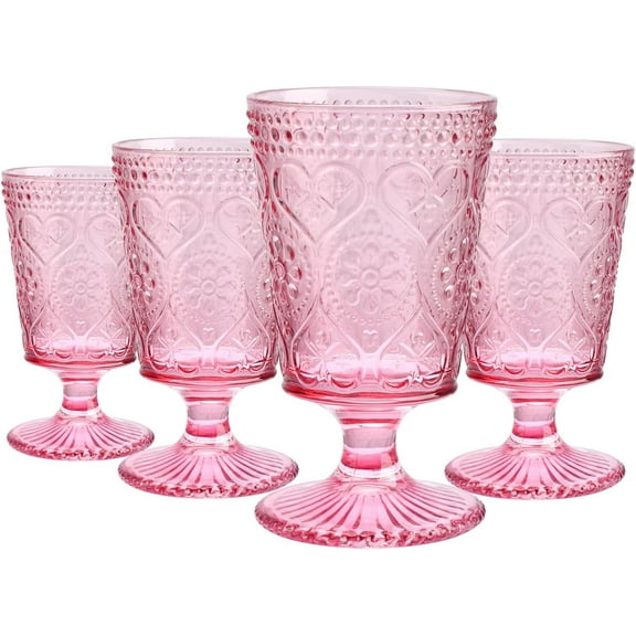 Pink Wine Glasses Set of 4-12 OZ Colored Glass Goblet Stemmed Vintage Chalices for Valentine's Day, Christmas, Party, Wedding, Anniversary