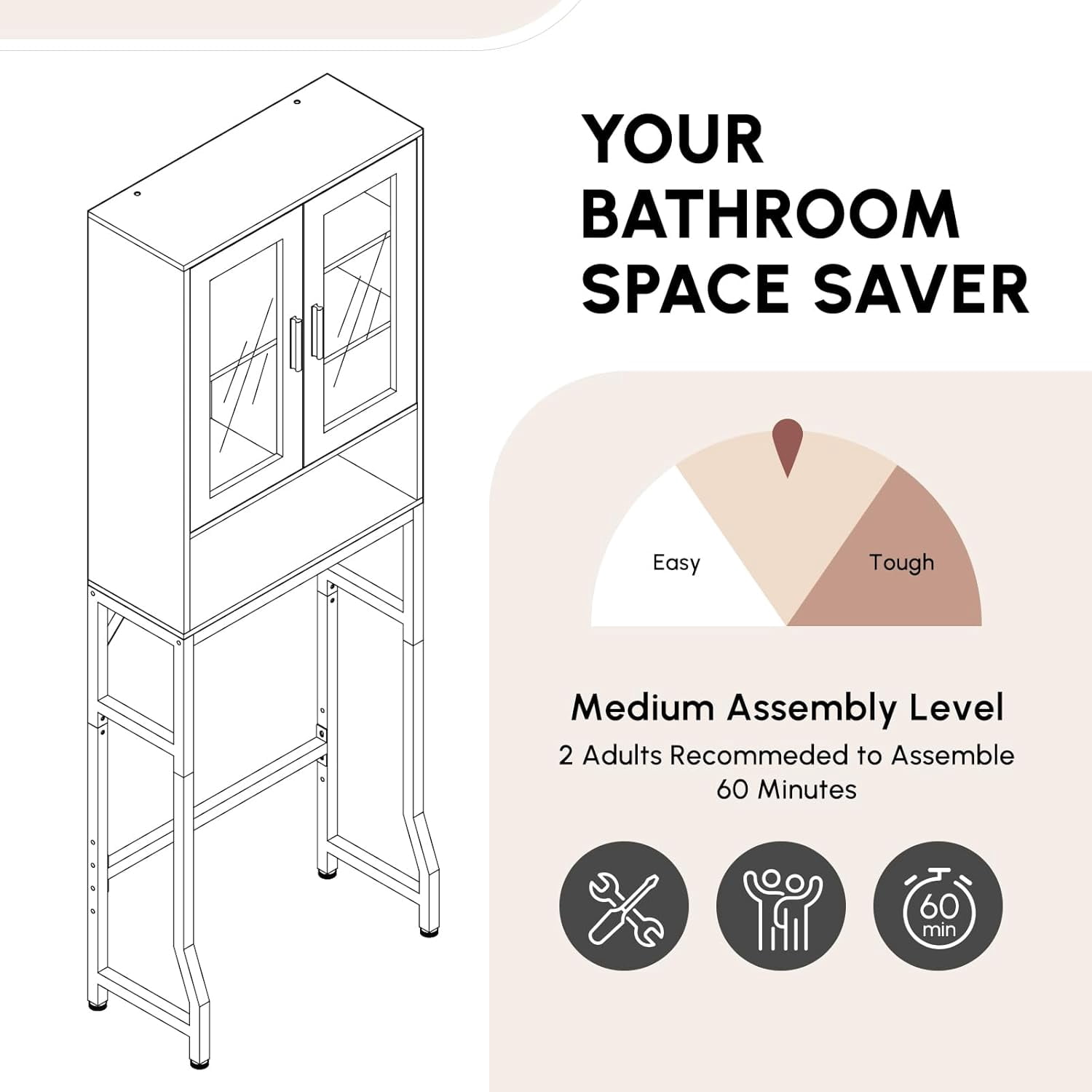 Fil-fresh Over The Toilet Storage Cabinet, Bathroom Organizer with Tempered Glass Doors, Thicken Metal Stand & MDF Wood, Freestanding Space Saver, Black