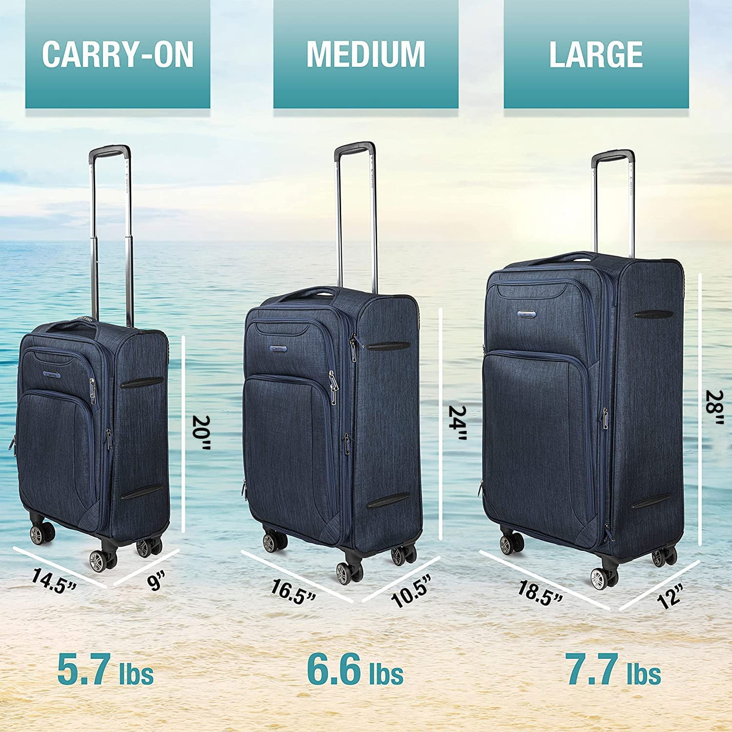Cantor Ultra Lightweight Softside Luggage with Spinner Wheels,Navy, Set of 3, , and Interlocking Zippers with TSA Lock