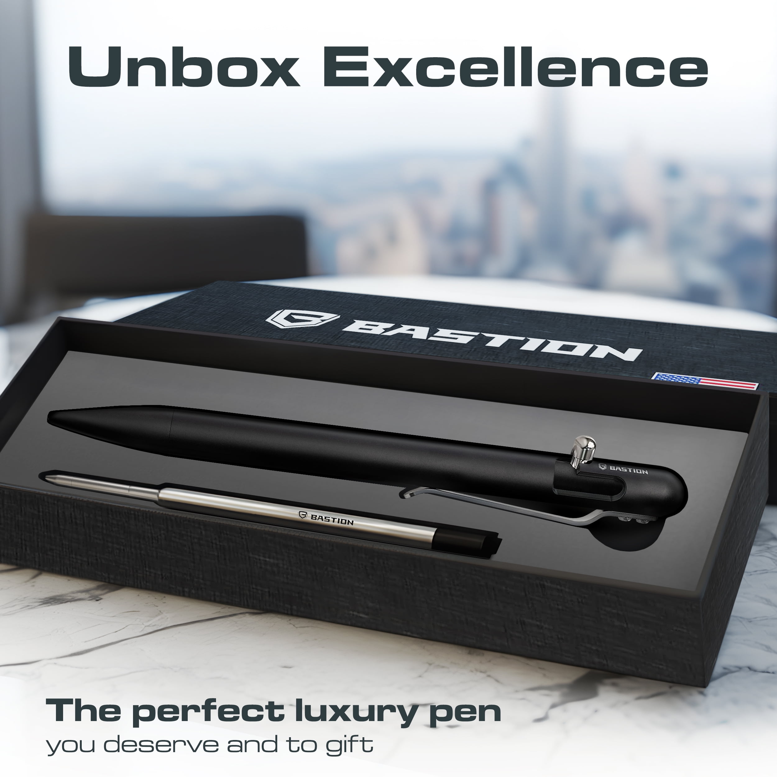 Bastion Aluminum Slim Bolt Action Pen, Jet Black, Ballpoint Refillable, 1 Count
