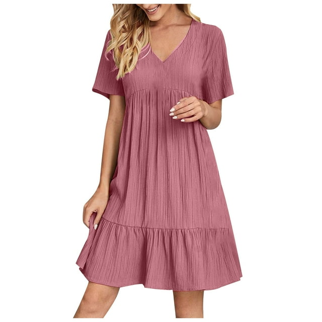 Tumotour Robe d'Été pour Femmes, Robe Taille Haute, Décontractée, Ample, Col en V, Plissée, à Volants, Élégante, Ligne A, Fluide, à Empiècements, Robes d'Été