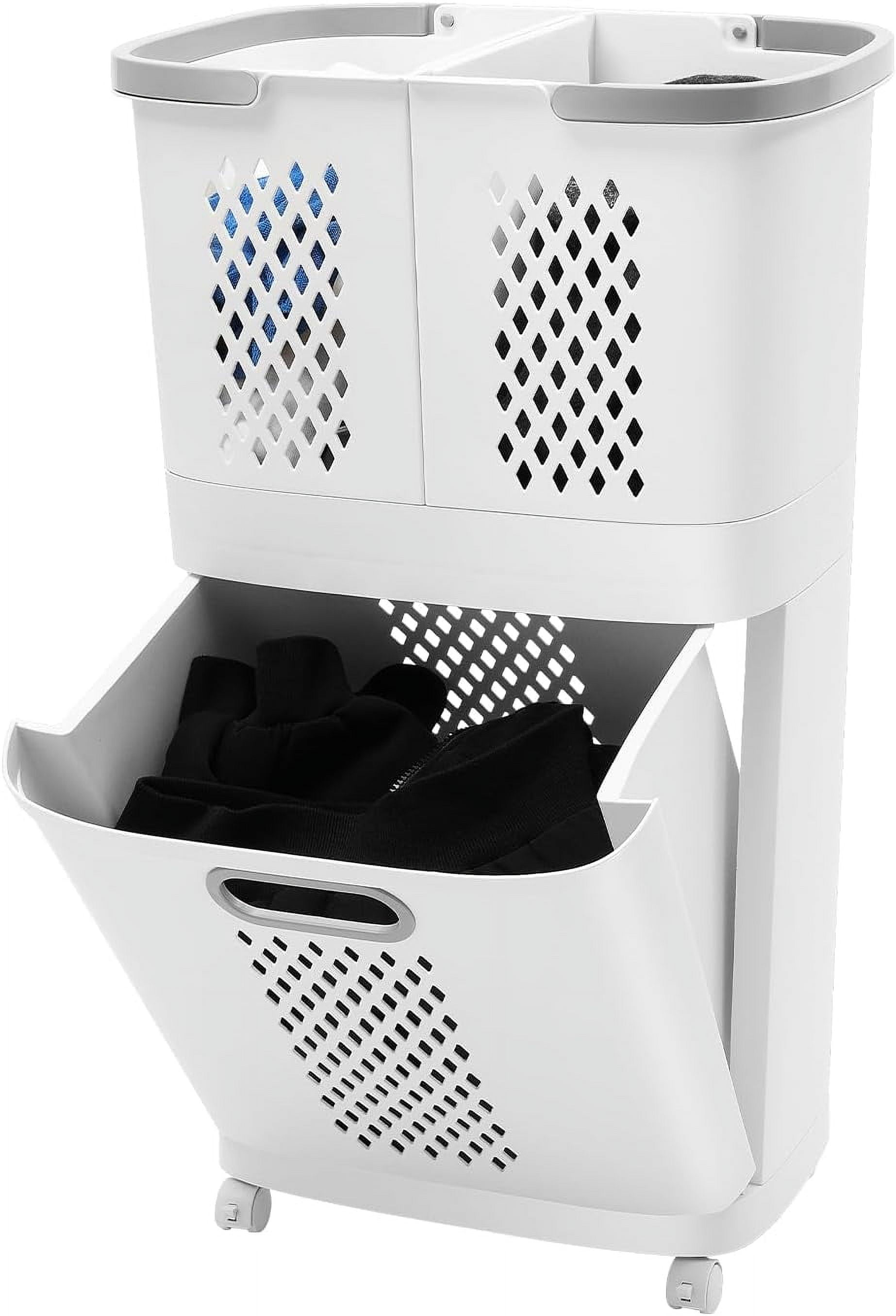 3 Tier Laundry Hamper Basket Sorter, Floor-Standing 360° Rolling Large Laundry Basket, Stackable Storage Bins Open Front, Dirty Clothes Hamper, Plastic Laundry Room Organization