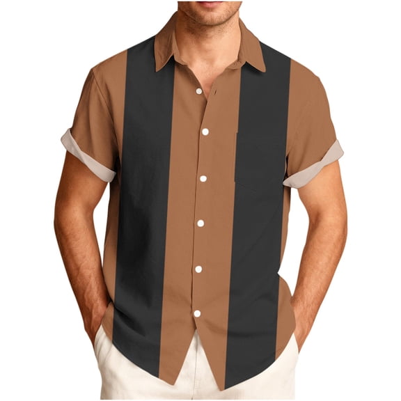 VSSSJ Men's Bowling Shirt Casual Short Sleeve Button Down Shirts Striped Color Block Vintage Summer Vacation Beach Collared Shirts Brown M