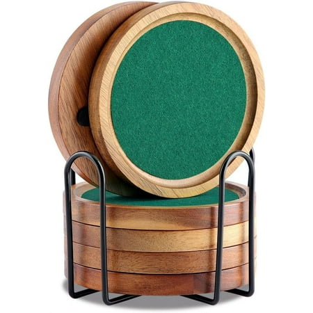 

Acacia Wood Coasters for Drinks 4.13 Inch Felt Wooden Coasters for Coffee Table Absorbent Set of 6 with Holder Natural Wood Stackable Reusable Coasters for Home Office Coffee Bar Table