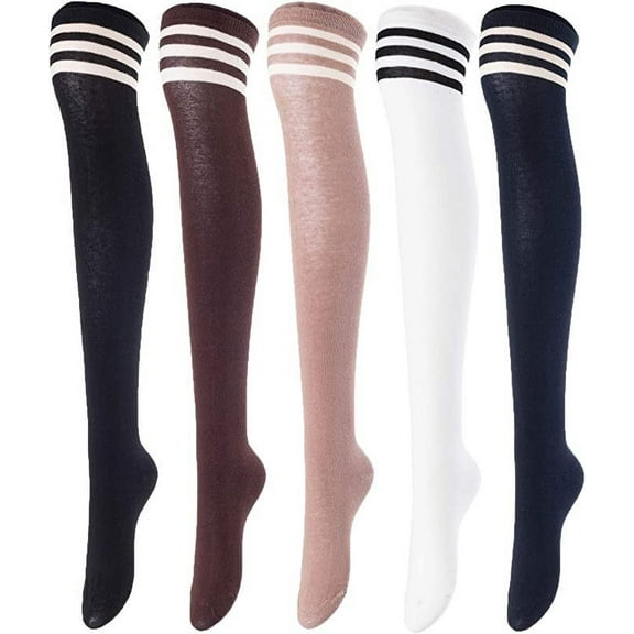 Lovely Annie Women's 5 Pairs Incredible Durable Super Soft Unique Over Knee High Thigh High Cotton Socks Size 6-9 A1022(Black,Coffee,Khaki,White,Nvy)
